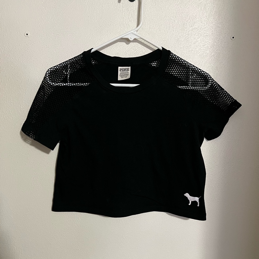 VICTORIA'S SECRET PINK Cropped Logo T Shirt Mesh Shoulders Black White Wms Sz XS